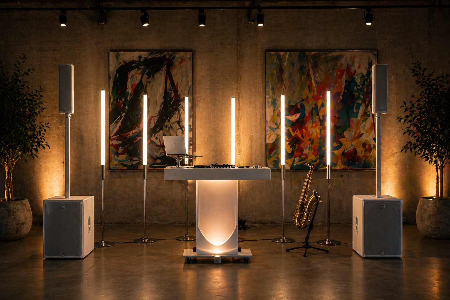 Knox Signature white DJ command center setup in a gallery-style room